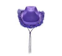 LYSINK Women's Cowboy Hat Felt Fluffy Feather Trim Cowgirl Hat Wide Brim Fancy Dress Cowgirl Hats for Fancy Dress Ladies Girls Headwear (Ba Haired silver wire purple, ONE SIZE)