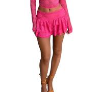 LYSINK Women's Lace Mini Skirts Low Rise Pleated Lace Skirts Ruffle Half Slip Skirt Summer Fairy Tiered Flowy Skirts (Bf Rose Red, L)