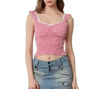 LYSINK Womens Lace Trim Plaid Cami Top Gingham Y2k Going Out Sling Tank Tops Square Neck Sleeveless Crop Top (B-a-Red, S)
