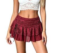 LYSINK Womens Mini Skirt Lace Floral Tiered Ruffle Summer Going Out Cake Skirts (03 Burgundy, M)