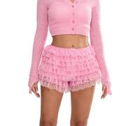 LYSINK Women's Multi-Layer Ruffle Mini Shorts Sexy Elastic Low Waist Lace Floral Frill Bloomer Club Party Micro Shorts (D-Pink, XL)