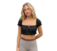 LYSINK Women's Off Shoulder Tops Slim Frill Trim 3D Bow Backless Short Sleeve Crop Shirt for Party Club (01 Black, M)