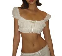 LYSINK Women's Off Shoulder Tops Slim Frill Trim 3D Bow Backless Short Sleeve Crop Shirt for Party Club (01 White, M)