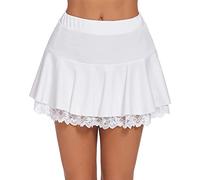 LYSINK Women's Pleated Mini Skirt A-Shaped Flared Outline Lace Ruffles Elastic Waistband Short Skirt (Bc White, M)