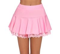 LYSINK Women's Pleated Mini Skirt A-Shaped Flared Outline Lace Ruffles Elastic Waistband Short Skirt (Bc Pink, XL)