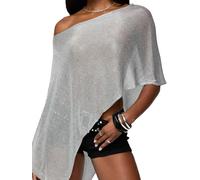 LYSINK Women's Sheer Ponchos Shrug Off Shoulder Solid Color Asymmetrical Knit Shawls Summer See Through Cover Up (A1-Silver, S)
