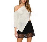 LYSINK Women's Sheer Ponchos Shrug Off Shoulder Solid Color Asymmetrical Knit Shawls Summer See Through Cover Up (A-WHITE, S)