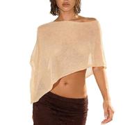 LYSINK Women's Sheer Ponchos Shrug Off Shoulder Solid Color Asymmetrical Knit Shawls Summer See Through Cover Up (B1-a-Champagne, One Size)