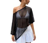 LYSINK Women's Sheer Ponchos Shrug Off Shoulder Solid Color Asymmetrical Knit Shawls Summer See Through Cover Up (A-Black, S)