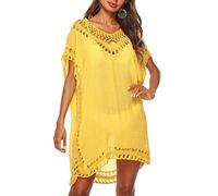 LYSINK Womens Swimsuit Cover Up Dress Solid Color Cutout Crochet Bikini Beachwear V Nack Short Sleeve Swimwear Coverups Dress (Ba Yellow, One Size)