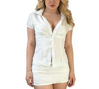 LYSINK Women's Y2k Button Down Shirts Summer Short Sleeve Collared Cropped Tops Slim Fit Going Out Blouse (O1-White, M)