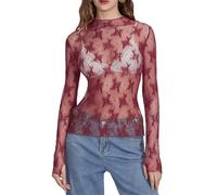 LYSINK Womens Y2k Sheer Lace Tops Summer Slim Fit Long Sleeve See Through Mesh Coverups Blouse Aesthetic Coquette Shirt (A-Red, M)