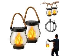 Lysliv Solar Lantern Outdoor Lights Waterproof, Dancing Flame Solar Lantern Outdoor Lights, Kaligo Hemp Rope Hanging Flame Lanterns for Garden Yard Decorations (2 Pcs)