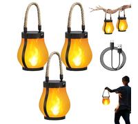 Lysliv Solar Lantern Outdoor Lights Waterproof, Dancing Flame Solar Lantern Outdoor Lights, Kaligo Hemp Rope Hanging Flame Lanterns for Garden Yard Decorations (3 Pcs)