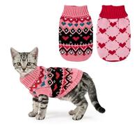 LyssKMK 2PCS Valentine’s Day Cat Sweaters Heart-to-Heart Pattern Knitted Clothes Love-Themed Pink Geometric Stripe Dog Knitwear Festival Puppy Outfits for Puppies Kittens XS