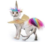 LyssKMK Halloween Cat Costume Puppy Unicorn Hat Gold Wing Cape with Rainbow Tail & Mane Cosplay Set Festival Pet Costume Outfits for Small Dogs Cats