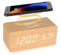 LySuyeo Wooden Digital Alarm Clock with Wireless Charging Station, 5W Fast Wireless Charger for iPhone/Samsung Galaxy, Digital Alarm Clock Without Ticking, 3 Alarm Times, Bamboo Color, 150*70*70mm