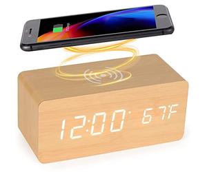 LySuyeo Wooden Digital Alarm Clock with Wireless Charging Station, 5W Fast Wireless Charger for iPhone/Samsung Galaxy, Digital Alarm Clock Without Ticking, 3 Alarm Times, Bamboo Color, 150*70*70mm