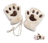 Lytari Cat Paw Gloves Plush Fingerless Gloves Mittens Cute Half Finger Bear Claw Mittens for Women and Girls Thick Fleece Winter Gloves with Anti-Lost String for Touchscreen Typing Cosplay Halloween
