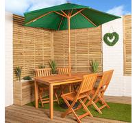 Lyte Outdoor 4 Person Rectangular Wooden Garden Patio Dining Table Chairs With Green Parasol And Base Set