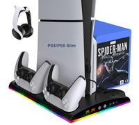 LYtech PS5/PS5 Slim Stand and Cooling Station with LED Controller Charging Station for Playstation 5, PS5 Accessories with 3 Levels Cooling Fan,RGB LED Light,3 USB HUBs,Headset Holder,13 Game Storage
