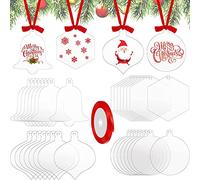 LYTIVAGEN 32 PCS Clear Acrylic Hanging Ornaments 4 Shape Christmas Bauble Clear Acrylic Disc Christmas Hanging Ornaments Blank Acrylical DIY Tags with Red Ribbons for Xmas Tree Party Supplies