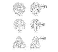 LYTOPTOP 3 Pairs Silver Celtic Knot Stud Earrings, Hypoallergenic 925 Sterling Silver Post White Gold Plated Celtic Trinity Knot Tree Stud Earrings Set for Women Girls, 10mm