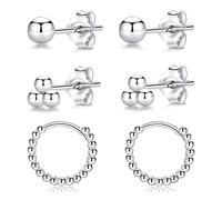 LYTOPTOP Silver Hoop Stud Earrings Set for Women| 3 Pairs Small Sterling Silver Post Beaded Hoops Ball Studs Earrings| Hypoallergenic Tiny Cartilage Sleeper Cuff Jewelry for Men Girls