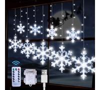 LYUBASA Christmas Snowflake Lights Decorations, 5.3FT Remote&Time 8 Light Mode with Battery Powered 112 White LED Window Curtain Lights for Tree, Eaves, Garden, Yard, Indoor Outdoor Xmas Lamp Decor