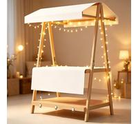 LYUCAYHQ Foldable Wooden Market Stand with Canopy and String Lights, 75" Tall, 220lbs Load, for Craft Fairs Farmers Markets Parties Festivals Beaches(White,120x60x210cm/47x24x83in)