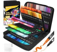 Lyuvie 158 Colouring Pens Felt Fineliner Tip Dual Tip Brush Coloured Markers with Black Case for Adults and Children Drawing Lettering Sketching Easter Christmas