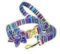 LYVQZPWLRDog Harness No Pull, Pet Leads Leashes Bohemia Custom Dog Collar Leash Nylon Floral Printed Pet Dog Collar Lead Personalized Puppy Collar(Purple set,M)