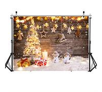 LYWYGG 7x5FT Christmas Backdrop Golden Christmas Tree Backdrop Snowman Backdrop Wooden Planks Backdrop Christmas Backdrops for Photography CP-207