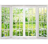 LYWYGG 7x5FT Spring Background with White Window for Video Conferencing Photography Realistic Landscape for Home Office Home Decoration CP-472