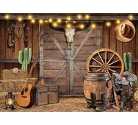 LYWYGG 7x5FT Western Cowboy Backdrop Western Cowboy Party Background Wild West Countryside Wooden Barn Door Photography Props Children's Birthday Party Cowboy Theme Banner CP-593