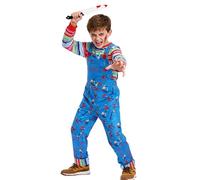 Lyxaof 5PCS Kids Chucky Costume, Blue Jumpsuit Striped Tops with Bloody Knife Fake Scar Tattoo Halloween Carnival Cosplay Dress Up Outfit for Boys Girls (Blue, M)