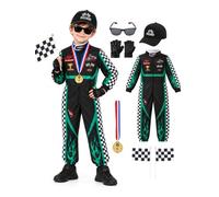 Lyxaof 6PCS Kids Race Car Driver Costume Boys Racer Jumpsuit Cosplay | Jumpsuit, Racing Cap, Sunglasses, Gloves, Medal and 2 Flags, Zip Front, Polyester, Halloween Fancy Dress