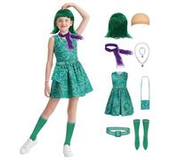 Lyxaof 9Pcs Kids Disgust Inside Out Costume Girls Green Princess Dress with Wig Hairnet Bag Necklace Stocking Halloween Christmas Dress Up Outfit (Green, 130)