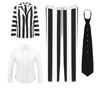Lyxaof Adult Striped Suit Black & White Costume with Black Tie Fancy Halloween Carnival Theme Party Cosplay Dress Up Outfit for Men (Black & White, L)