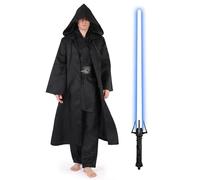 Lyxaof Adults Jedi Costume, Luke Skywalker Fancy Tunic Hooded Robe with Lightsaber Halloween Christmas Carnival Cosplay Dress Up Outfit Party Gifts for Men Women (Black, 2XL)