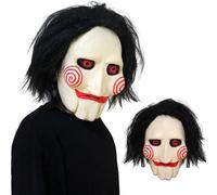 Lyxaof Adults Saw Jigsaw Mask Scary Billy Puppet Full Head Masks with Hair Halloween Carnival Party Cosplay Dress Up Props for Men Women (White, One Size)