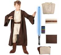 Lyxaof Kids Jedi Costume, Luke Skywalker Fancy Tunic Hooded Robe with Lightsaber Halloween Christmas Cosplay Outfit Party Gifts for Boys Girls (Brown White, XL)