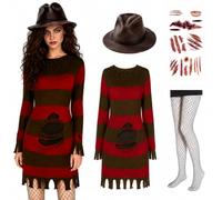 Lyxaof Women's 7-Piece Scary Striped Jumper Dress Costume Set for Adults | Stretch Knit Dress, Distressed Hat, Claw Glove, Fishnet Tights, 3 Temporary Tattoo Sheets, Halloween Fancy Dress