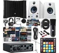 LyxJam 2x2 USB Audio Interface and NEW Creative Software Bundle, New Designed Eris 3.5 Studio Monitors White, ATOM MIDI Pad Controller, Sound Isolation Recording Shield