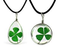 Lyxtiorn 2Pcs Real Four Leaf Clover Pendant Necklace Unisex Transparent Lucky Charm Heart Pendant Necklace Jewelry Gifts