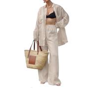LYXYGMV Cotton Linen Women Elegant Two Piece Set Loose Long Sleeve Blouses And High Waist Wide Leg Pants Suit Female Casual Outfits for Women to Wear in Summer(Khaki,S)