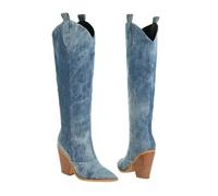 LYXYGMV Denim Western Women Knee Thigh High Boots High Heel Cowboy Long Boots Size 43 Slip On Woman Shoes for Theme Party Country Concert(40)