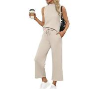 LYXYGMV Elegant Temperament Women 2 Piece Sets Summer Sleeveless Tops And Elastic Waist Lace-up Casual Pants Set Solid Outfits for Women to Wear in Summer(Beige,L)