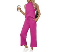 LYXYGMV Elegant Temperament Women 2 Piece Sets Summer Sleeveless Tops And Elastic Waist Lace-up Casual Pants Set Solid Outfits for Women to Wear in Summer(Rose Red,XXL)