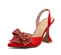 LYXYGMV Rhinestone Bowknot Women Pumps Silk Pointed Toe Strange High Heels for Wedding Party Evening(Red,41)
